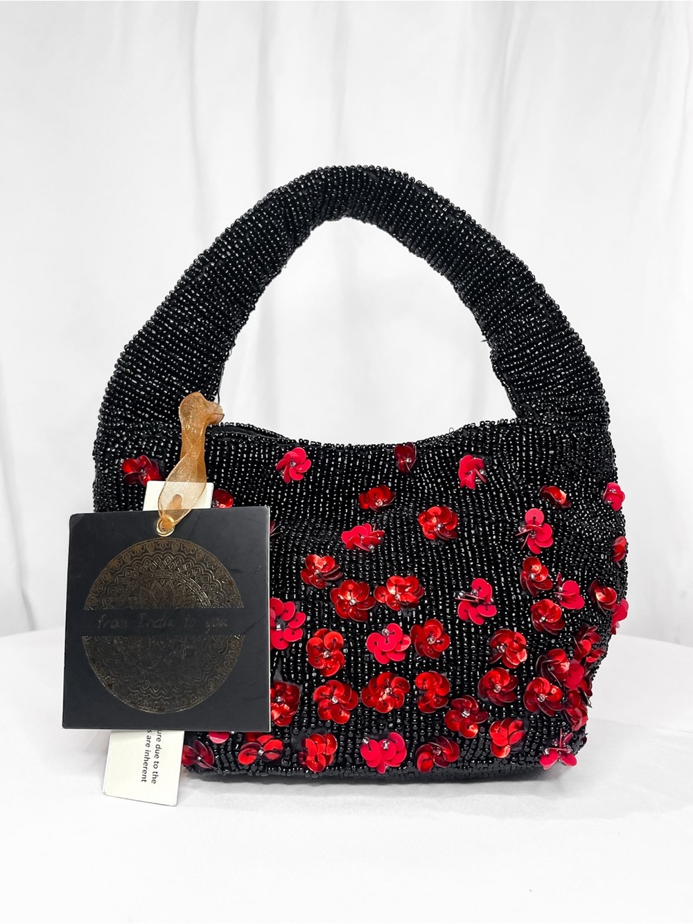 NWT • Black Beaded Bag With Red Sequin Poppy Flowers • Black & Red Beaded Purse